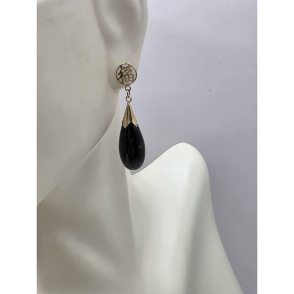 Black Onyx & Gold Color Drop Pierced Earrings Oriental Symbol 1 1/4" - Picture 1 of 6